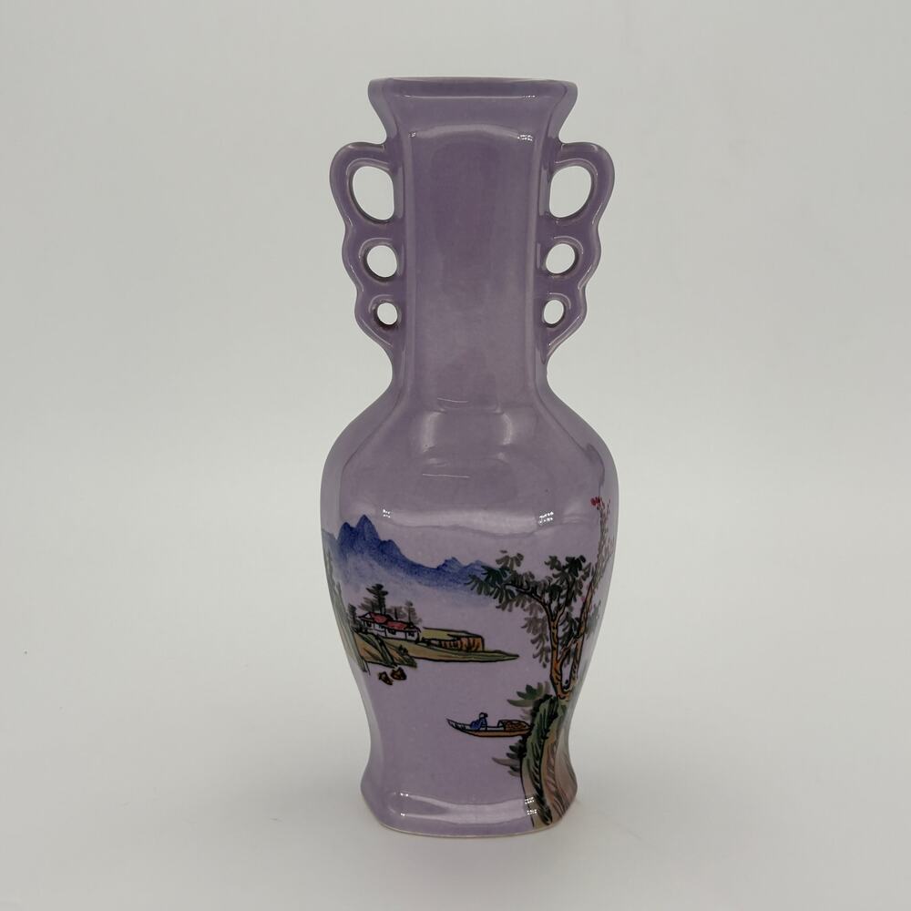 Vintage Chinese Lavender Porcelain Landscape Vase 4-Hole Looped Handles
